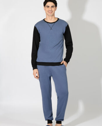 Men’s Two-Tone Pajama with Elastic Waist Pants, Cotton – 809306 Blue Mel/Black