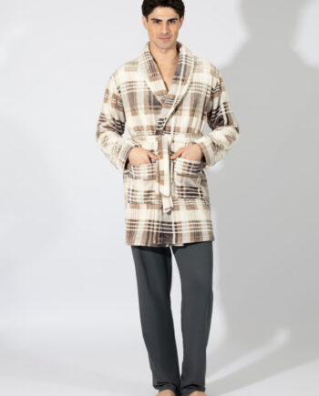 Men’s Checkered Fleece Robe – 809319 Beige