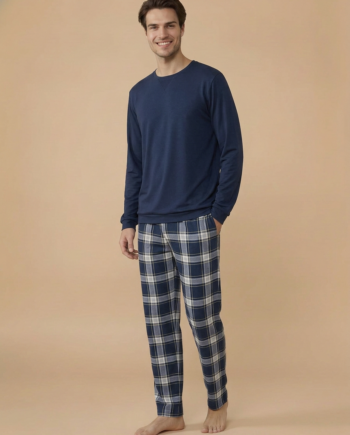 Ανδρική Πιτζάμα Cotton με καρώ παντελόνι - 809329 Blue