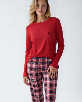 Γυναικεία Πιτζάμα με Φούτερ top και καρώ cotton παντελόνι – 109953 red