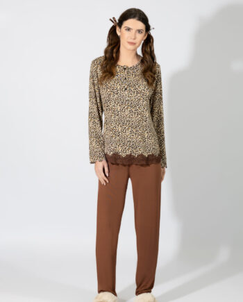 Γυναικεία Πιτζάμα Leopard με πατιλέτα και δαντέλα micromodal – 109907 coffee