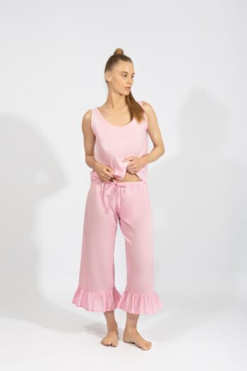 Πιτζάμα Γυναικεία Ποπλίνα μονόχρωμη Αμάνικη με capri βολάν cotton - 110902 fuchsia