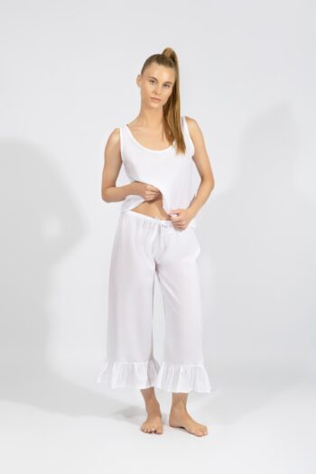 Πιτζάμα Γυναικεία Ποπλίνα μονόχρωμη Αμάνικη με capri βολάν cotton- 110902 off white