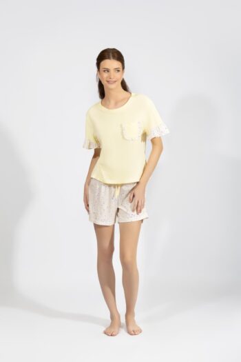Πιτζάμα Γυναικεία Κοντό μανίκι βολάν με σορτσάκι εμπριμέ cotton modal- 110908 yellow