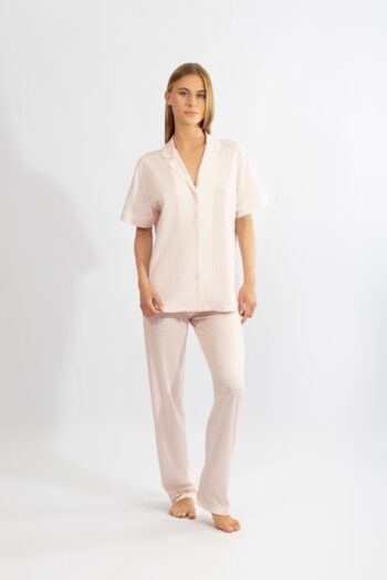 Πιτζάμα Γυναικεία Καρώ Σακάκι με μακρύ παντελόνι cotton modal  - 110913 pink