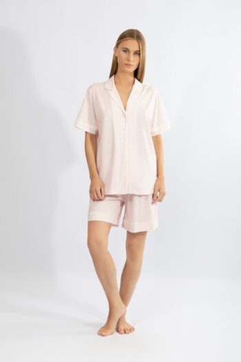 Πιτζάμα Γυναικεία Καρώ Σακάκι με βερμούδα cotton modal - 110914 pink