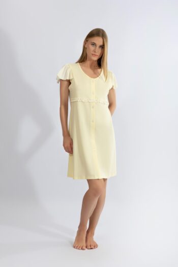 Νυχτικό μονόχρωμο Κοντό μανίκι με πατιλέτα και καρώ detail cotton modal - 310810 yellow