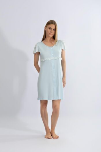 Νυχτικό μονόχρωμο Κοντό μανίκι με πατιλέτα και καρώ detail cotton modal - 310810 ciel