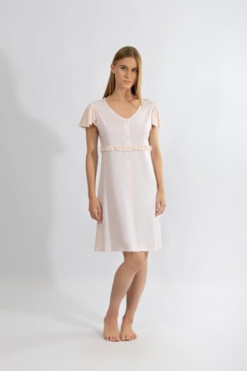 Νυχτικό μονόχρωμο Κοντό μανίκι με πατιλέτα και καρώ detail cotton modal - 310810 pink