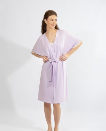 Ρόμπα μονόχρωμη σταυρωτή με δαντέλα micro modal - 410706 lavender