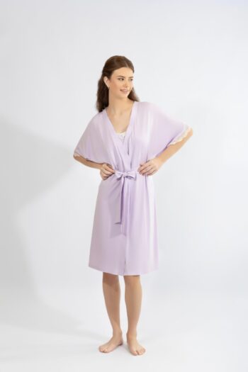 Ρόμπα μονόχρωμη σταυρωτή με δαντέλα micro modal - 410706 lavender