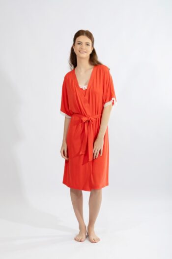 Ρόμπα μονόχρωμη σταυρωτή με δαντέλα micro modal - 410706 pomegranate