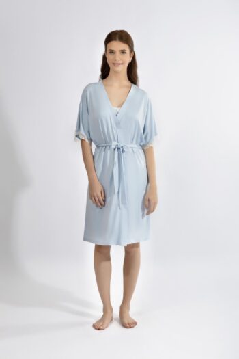 Ρόμπα μονόχρωμη σταυρωτή με δαντέλα micro modal - 410706 ciel