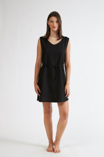 Φόρεμα Linen viscose Αμάνικο με ζώνη -508609 black