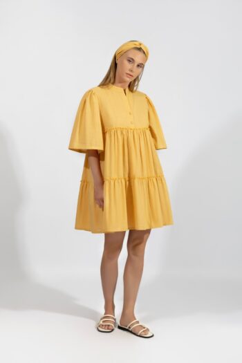 Φόρεμα Βολάν με 3/4 μανίκι cotton - 510605 mustard