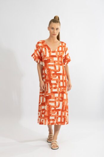 Φόρεμα midi με μανίκι βολάν viscose - 510619 orange