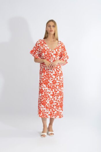 Φόρεμα midi με μανίκι βολάν viscose - 510624 red