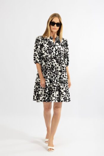 Φόρεμα Βολάν με 3/4 μανίκι Big Flower viscose - 510626 black