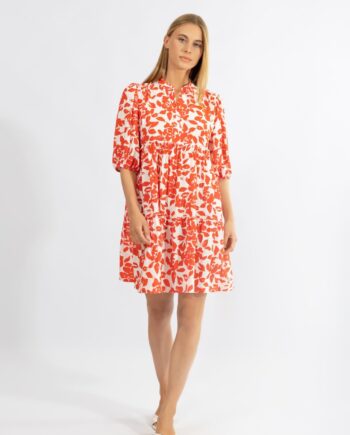 Φόρεμα Βολάν με 3/4 μανίκι Big Flower viscose - 510626 red