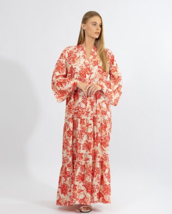 Φόρεμα Maxi μακρύ μανίκι Floral viscose - 510628 red