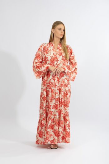 Φόρεμα Maxi μακρύ μανίκι Floral viscose - 510628 red