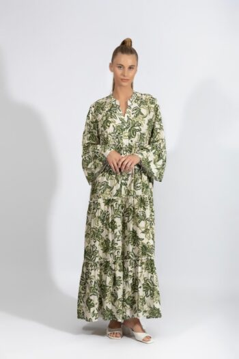 Φόρεμα Maxi μακρύ μανίκι Floral viscose - 510628 olive