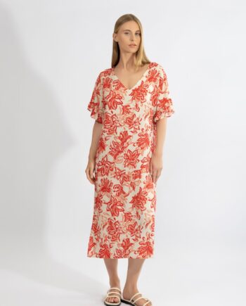 Φόρεμα midi με μανίκι βολάν Floral viscose - 510631 red