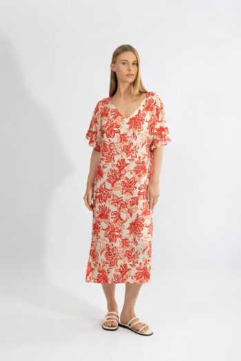 Φόρεμα midi με μανίκι βολάν Floral viscose - 510631 red