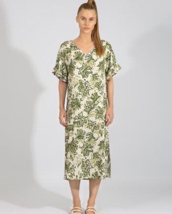 Φόρεμα midi με μανίκι βολάν Floral viscose - 510631 olive