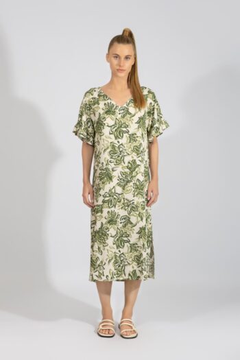 Φόρεμα midi με μανίκι βολάν Floral viscose - 510631 olive