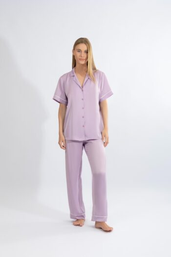 Σατέν Πιτζάμα μονόχρωμη Σακάκι με μακρύ παντελόνι - 610506 lavender
