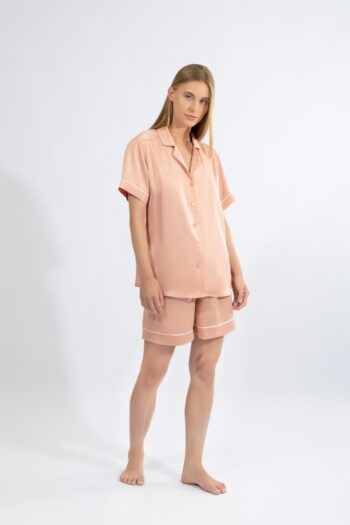 Σατέν Πιτζάμα μονόχρωμη Σακάκι με βερμούδα - 610507 salmon