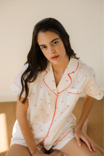 Πιτζάμα Γυναικεία Ποπλίνα εμπριμέ Σακάκι με βερμούδα cotton  - 110905 off white