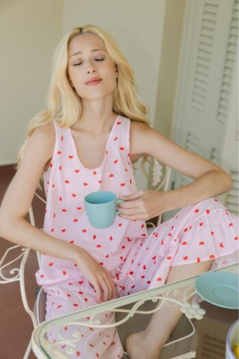 Πιτζάμα Γυναικεία Ποπλίνα εμπριμέ Αμάνικη με capri βολάν cotton  - 110904 pink