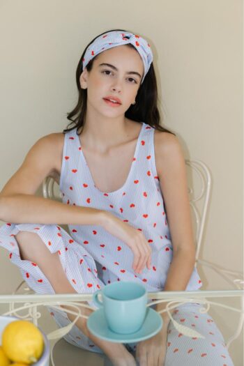 Πιτζάμα Γυναικεία Ποπλίνα εμπριμέ Αμάνικη με capri βολάν cotton  - 110904 ciel