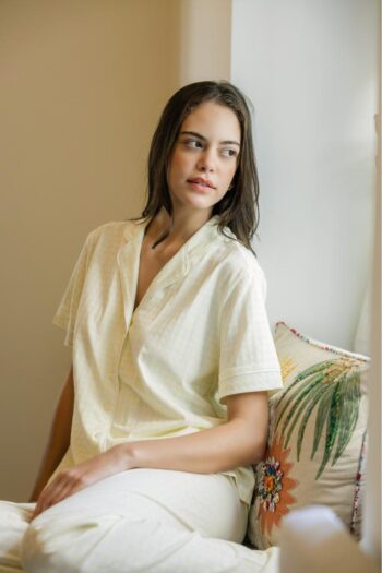 Πιτζάμα Γυναικεία Καρώ Σακάκι με μακρύ παντελόνι cotton modal - 110913 yellow