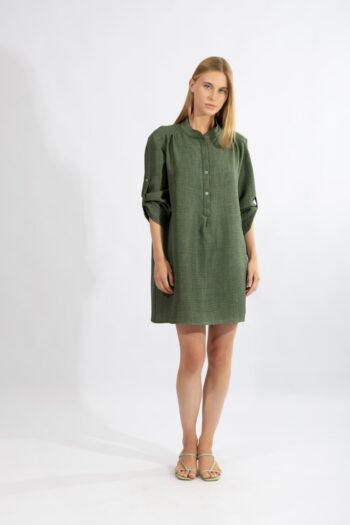 Φόρεμα 3/4 μανίκι μάο γιακάς μονόχρωμο pes - 510667 olive