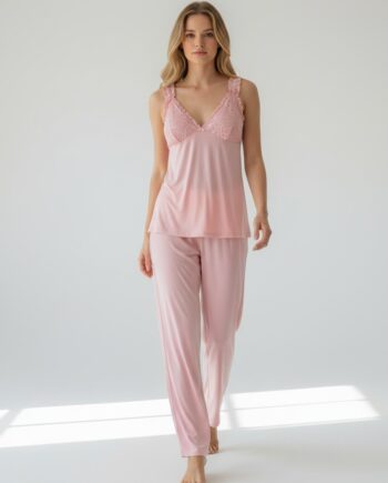 Γυναικεία Πιτζάμα Μονόχρωμη viscose/elastan με δαντέλα και μακρύ παντελόνι - 28920 pink