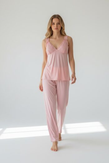 Γυναικεία Πιτζάμα Μονόχρωμη viscose/elastan με δαντέλα και μακρύ παντελόνι - 28920 pink