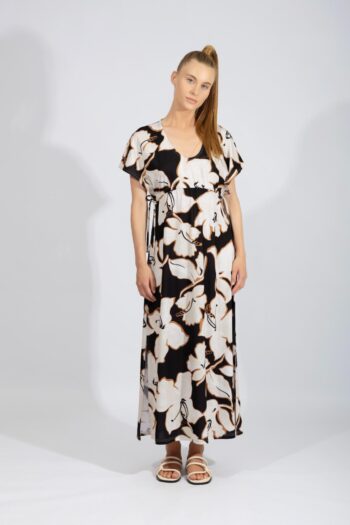 Φόρεμα Εμπριμέ Λουλούδια Κοντό μανίκι maxi cotton - 401122 black