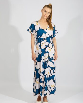 Φόρεμα Εμπριμέ Λουλούδια Κοντό μανίκι maxi cotton - 401122 petrol