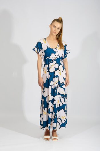 Φόρεμα Εμπριμέ Λουλούδια Κοντό μανίκι maxi cotton - 401122 petrol