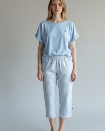 Πιτζάμα Γυναικεία Harmony με capri καρώ παντελόνι cotton modal- 110926 ciel