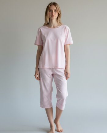 Πιτζάμα Γυναικεία Harmony με capri καρώ παντελόνι cotton modal- 110926 pink