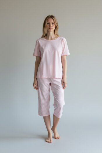 Πιτζάμα Γυναικεία Harmony με capri καρώ παντελόνι cotton modal- 110926 pink