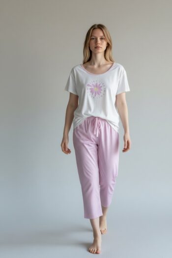 Πιτζάμα Γυναικεία με κοντό μανίκι Blooming και κάπρι πουά παντελόνι cotton modal - 401125 white