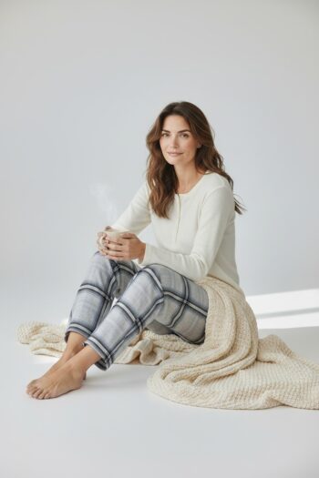 Γυναικεία Πιτζάμα Rib με καρώ φανέλα παντελόνι cotton - 401129 white