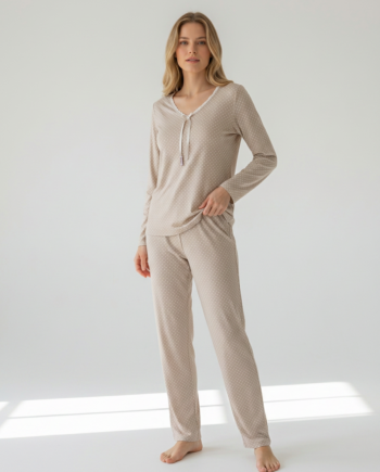 Γυναικεία Πιτζάμα Βε πουά 50% modal 50% cotton – 111904 - BEIGE