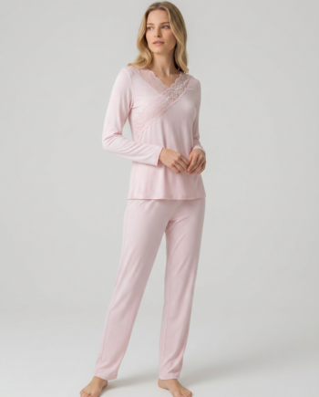 Γυναικεία Πιτζάμα με λοξή δαντέλα 50% modal 50% cotton – 111906 - PINK