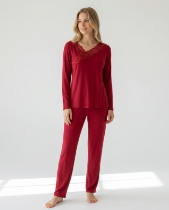 Γυναικεία Πιτζάμα με λοξή δαντέλα 50% modal 50% cotton – 111906 - WINE